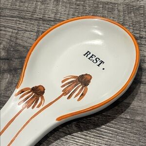 Rae Dunn Artisan Collection REST White Spoon Rest with Orange Coneflower Design